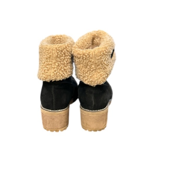 Trendy black ankle boots with faux suede, tan lining, size 9. - Picture 3 of 5